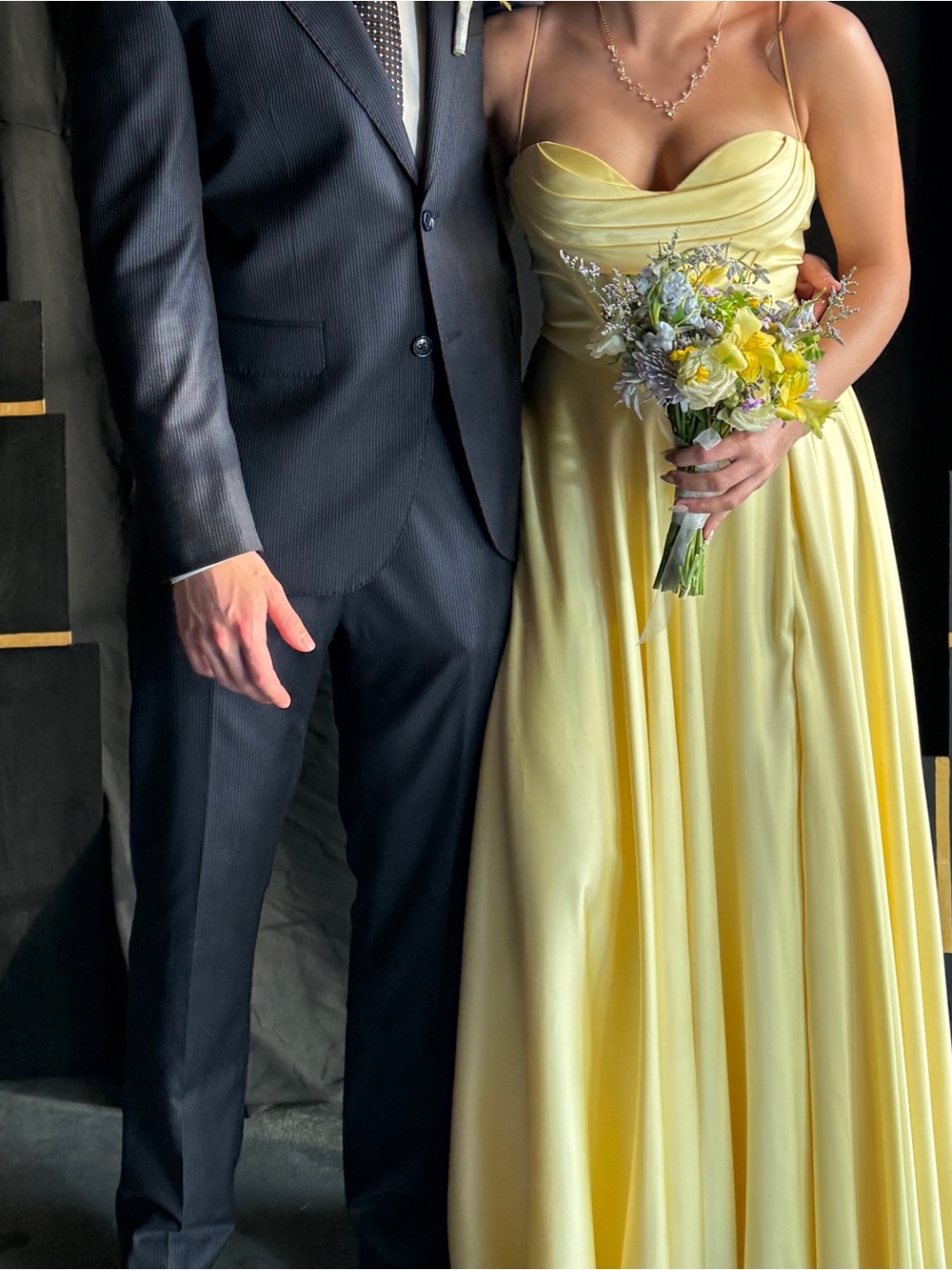 Yellow satin prom corset dress